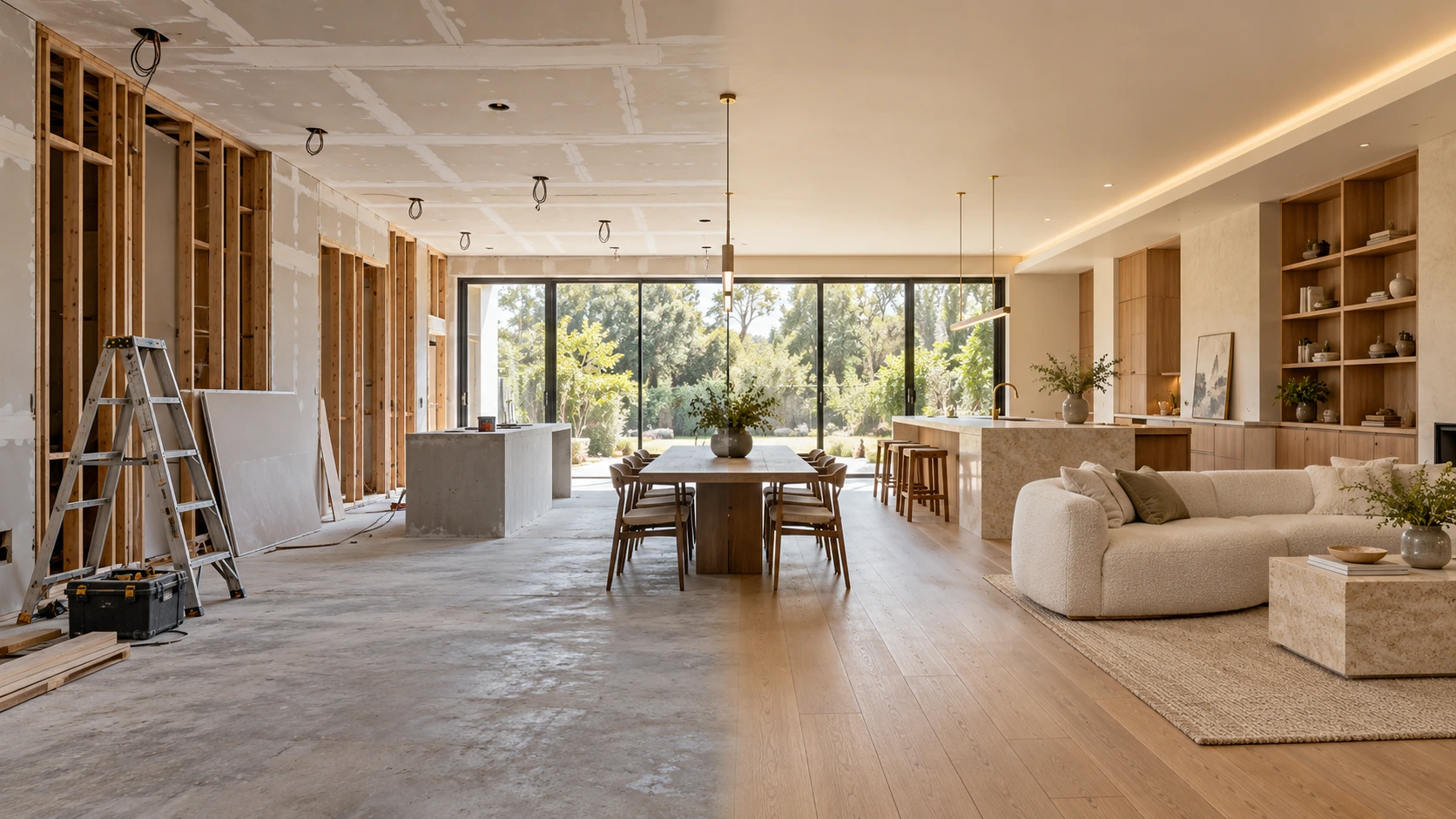 Concept visualization of one home: unfinished renovation on the left and a completed contemporary interior on the right