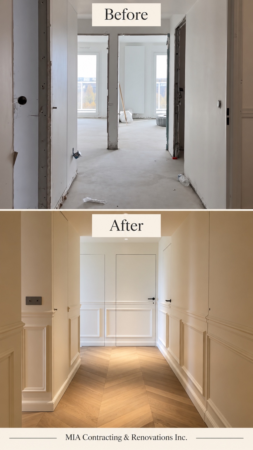 Custom hallway finish — before and after renovation