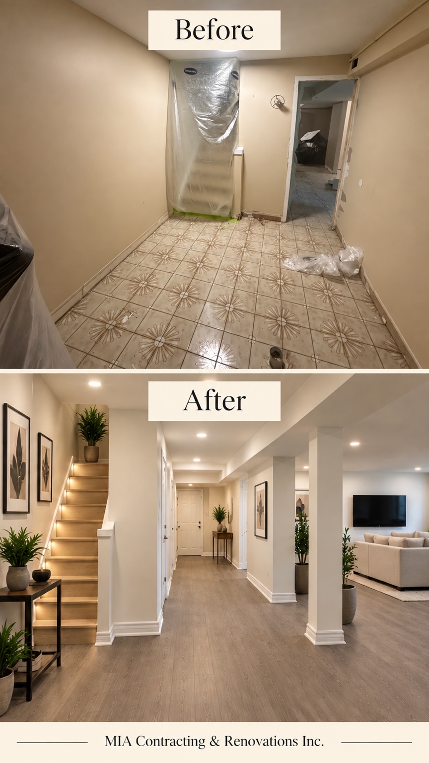 Basement living space transformation — before and after renovation